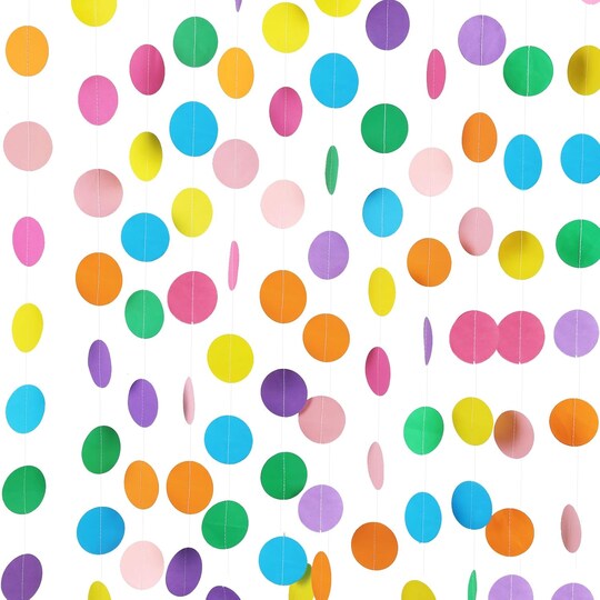 Greentek; Rainbow Circle Dot Paper Garland, 5-Pack, 66 Ft Colorful Hanging Party Decorations for Birthday, Wedding, Baby Shower, Classroom and Candyland Parties; Category:Banners; Image:1